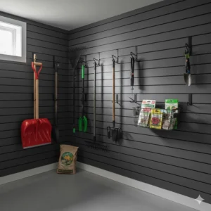 Versatile PVC slatwall system with hooks and baskets organizing snow shovels, rakes, and Canadian gardening supplies.