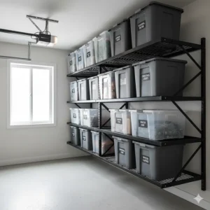 Space-saving overhead garage storage racks with plastic bins for seasonal decor and camping gear.