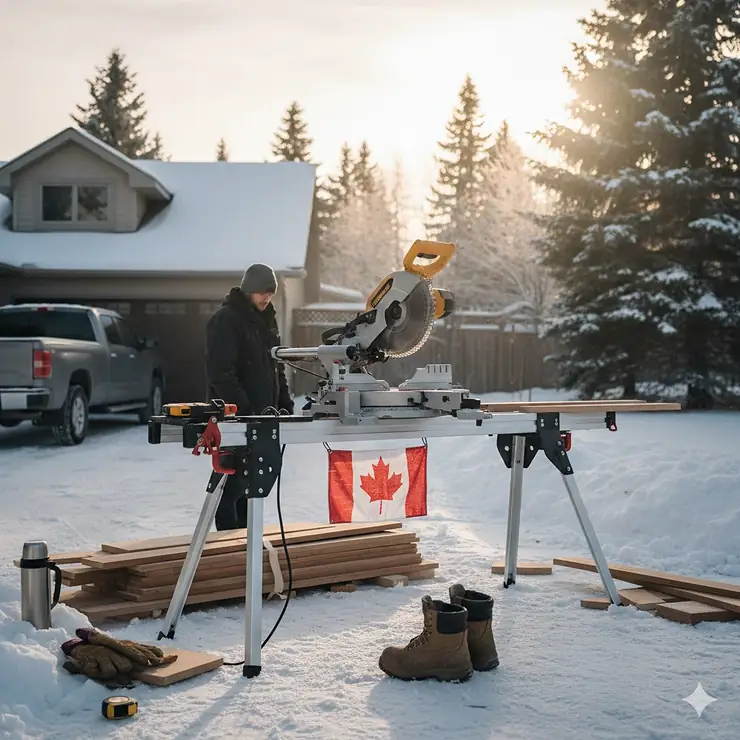 A heavy-duty portable miter saw stand combo set up for a home renovation project in a Canadian residential driveway.