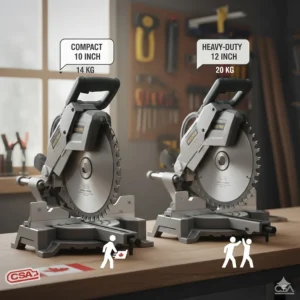 Infographic showing the weight difference in kilograms between compact 10-inch saws and heavy-duty 12-inch miter saws.