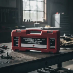 A portable socket set for mechanics in a sturdy case with English and French (coffret de douilles) labeling.