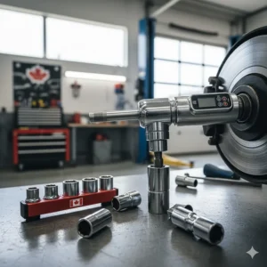 A precision socket set for mechanics paired with a torque wrench for accurate Canadian safety inspections.