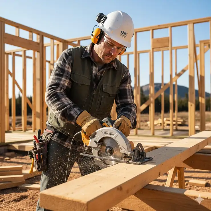 A professional contractor using a high-performance circular saw for framing a residential home in Ontario, cutting through SPF 2x4 lumber.