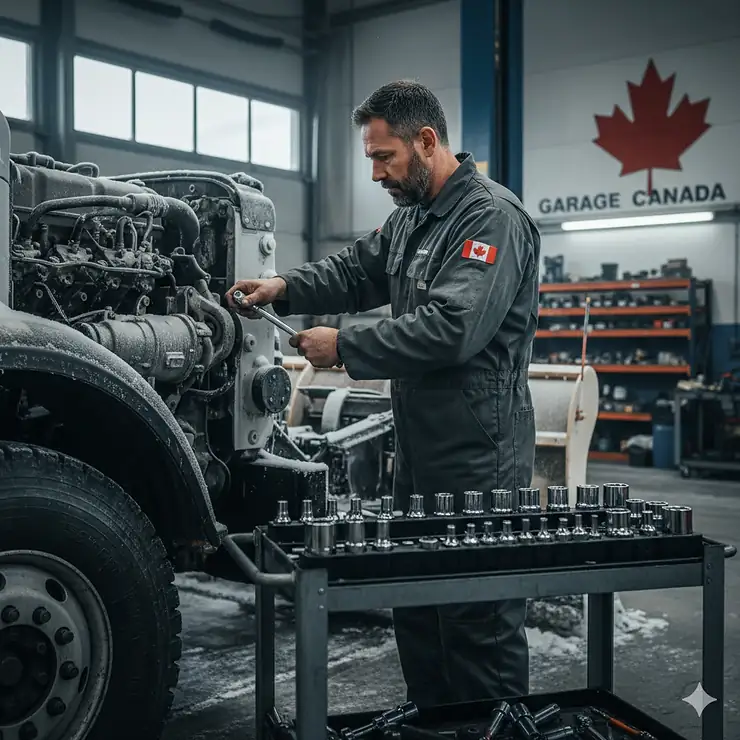 A professional mechanic using a durable socket set for mechanics to repair a truck engine in a Canadian automotive shop.