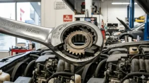 2. Close-up illustration of the internal gear mechanism of a ratcheting wrench showing the teeth and pawl system.