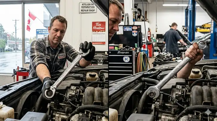 1. A side-by-side comparison of a ratcheting wrench versus a standard wrench being used by a mechanic in a Canadian automotive shop.
