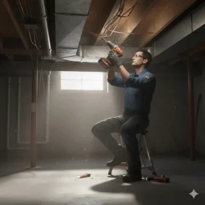 A technician using a compact right-angle drill for tight spaces between basement ceiling joists.