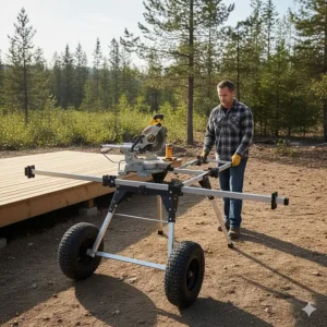 Durable miter saw stand combo with large rubber wheels for easy movement over uneven Canadian terrain.