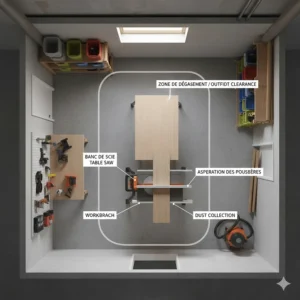 Overhead floor plan illustration of a safe table saw setup in a compact Canadian basement workshop with proper outfeed clearance.