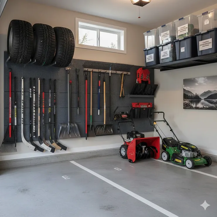 Organized small garage in Canada featuring wall-mounted racks for winter tires, hockey sticks, and garden tools to maximize floor space. garage storage canadian tire vs home depot