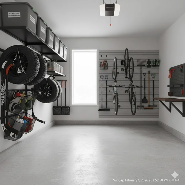 Modern small garage storage ideas featuring wall-mounted racks and overhead shelving in a clean, organized Canadian home.