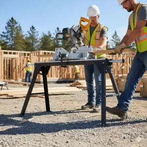 Heavy-duty miter saw stand with quick-release locking legs for maximum stability on a construction site.