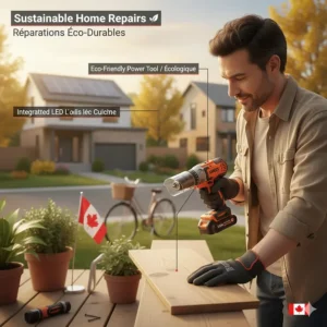 Illustration of a cordless drill combo kit being used for eco-friendly home repairs in a Canadian suburb.