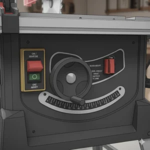 Close-up illustration of table saw power switches and adjustment wheels with English and French (Marche/Arrêt) labels.