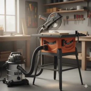 Illustration of a shop vacuum connected to a table saw port, ideal for indoor Canadian workshops during winter.