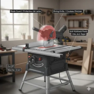 Diagram of essential table saw safety features for beginners including the riving knife, blade guard, and anti-kickback pawls.