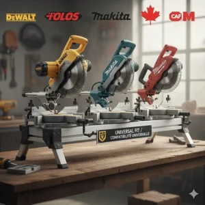 Close-up of a universal miter saw stand combo compatible with top power tool brands sold in Canada.
