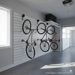 Space-efficient vertical bike racks used as a small garage storage idea for family bicycles.