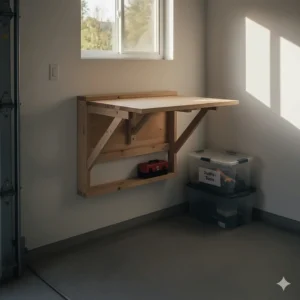 A DIY foldable workbench mounted to a garage wall, ideal for small spaces and home projects in urban Canadian townhomes.