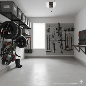 Heavy-duty wall-mounted tire racks for seasonal winter tire storage in a small Canadian garage.