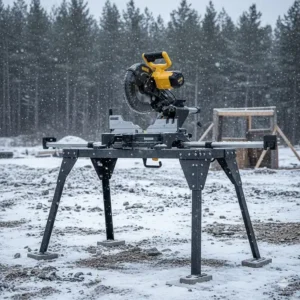 Rugged steel portable miter saw stand combo designed to withstand cold Canadian climates.