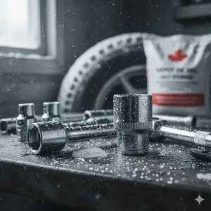 Close-up of a chrome-vanadium socket set for mechanics, resistant to road salt and extreme Canadian winter conditions.