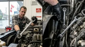 3. Illustration showing a ratcheting wrench operating in a tight Canadian truck engine bay where a standard wrench lacks swing room.