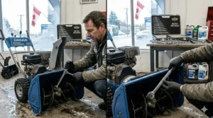 6. Illustration of a person using a standard wrench to repair a snowblower, highlighting durability in cold Canadian climates.