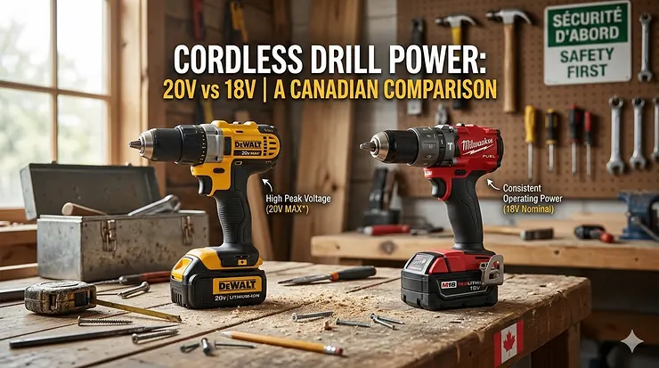 A side-by-side comparison of a 20V vs 18V cordless drill on a professional Canadian workshop bench, highlighting the size and battery differences for contractors.