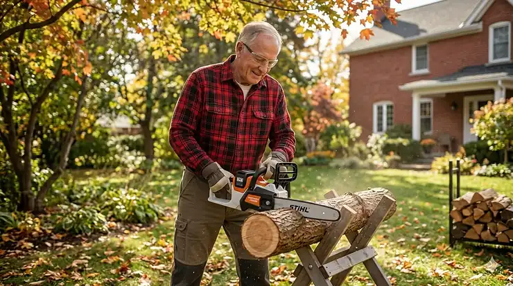 A Canadian senior comfortably using a lightweight battery-powered chainsaw to maintain a backyard in Ontario during autumn. lightweight chainsaw for seniors