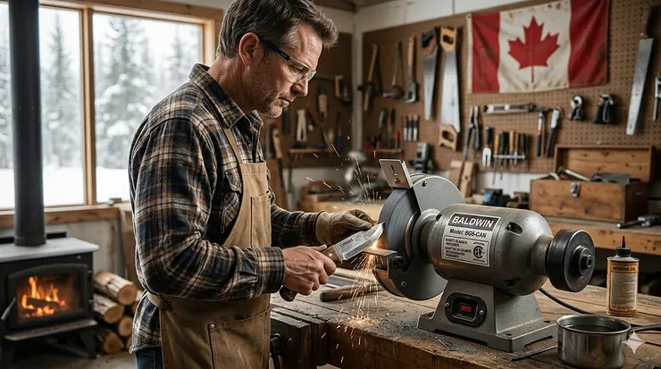 A professional woodworker using a bench grinder for knife sharpening in a Canadian workshop, focusing on the blade edge.
