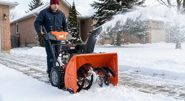 A person clearing a snow-covered driveway in Ontario using a compact single stage snow blower after a winter storm.