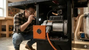 Close-up of a heavy-duty cabinet saw motor compatible with Canadian 240V shop outlets for maximum torque.