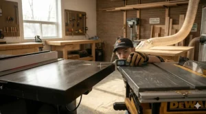 The solid cast iron table top of a cabinet saw vs the lightweight aluminum deck of a portable saw.