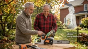 Diagram showing the ergonomic handle of a lightweight chainsaw designed to reduce strain for elderly Canadian DIYers.