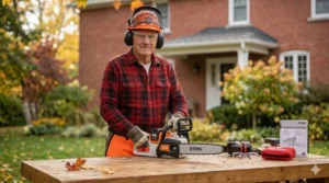 Canadian senior wearing proper safety gear (chaps and helmet) while holding a compact, easy-to-manage chainsaw.