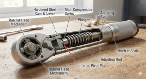 Diagram showing the internal spring mechanism of a click type torque wrench for precise lug nut tightening.