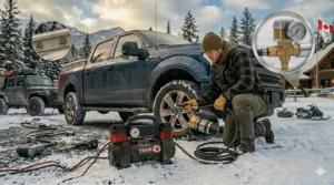Scaled illustration comparing a compact portable air compressor to standard trunk space in a Canadian-market hatchback.