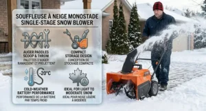 Illustration showing the space-saving foldable handle of a single stage snow blower in a typical Canadian garage.
