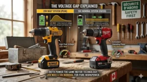 Diagram explaining the electrical difference between 20V MAX and 18V nominal power in cordless drills for Canadian DIYers.