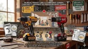Illustration of a cordless drill battery being used in cold Canadian winter conditions, comparing 20V vs 18V lithium-ion endurance.