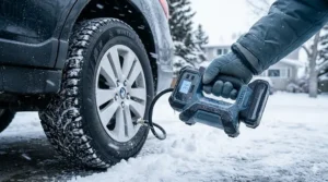 A cordless, battery-operated tire inflator being used on a winter tire during a snowstorm.