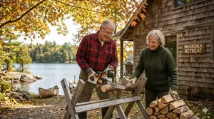 A senior couple using a lightweight chainsaw to prep small logs for a fireplace at a lakeside cottage in Muskoka.
