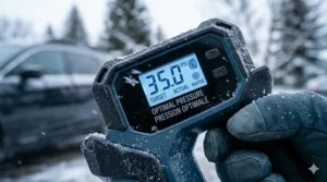 Close-up of a digital tire inflator display showing accurate pressure readings for winter tires.