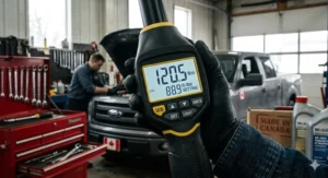 Close-up of a digital torque wrench LCD screen displaying Newton-meters (Nm) and foot-pounds for Canadian users.