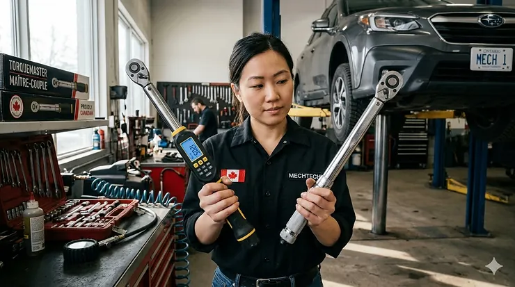 Professional mechanic comparing a digital vs click type torque wrench in a Canadian automotive shop; bilingual packaging visible.
