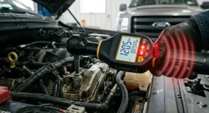 Illustration of a digital torque wrench vibrating and flashing LEDs versus the physical "click" of a manual wrench.