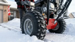 Close-up of snow blower controls with English and French (souffleuse à neige) labeling for the Canadian market.