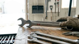 A photorealistic illustration showcasing large, durable chrome-vanadium steel combination wrenches, part of a comprehensive combo set, on a worn wooden workbench in a Canadian garage.
