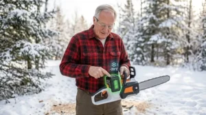 Illustration of a high-capacity battery for a lightweight chainsaw, optimized for performance in cooler Canadian climates.